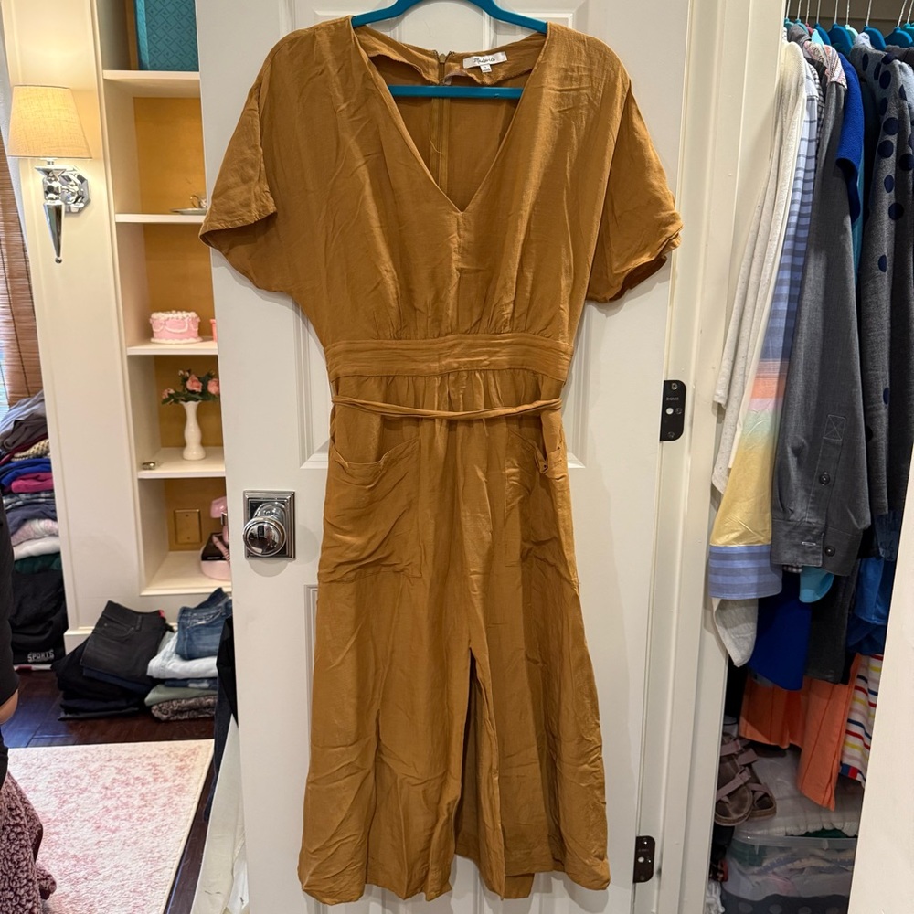 Madewell Linen-Blend Dolman Sleeve Tie-Waist Midi Dress Toffee/Mustard size 6 - Picture 2 of 11